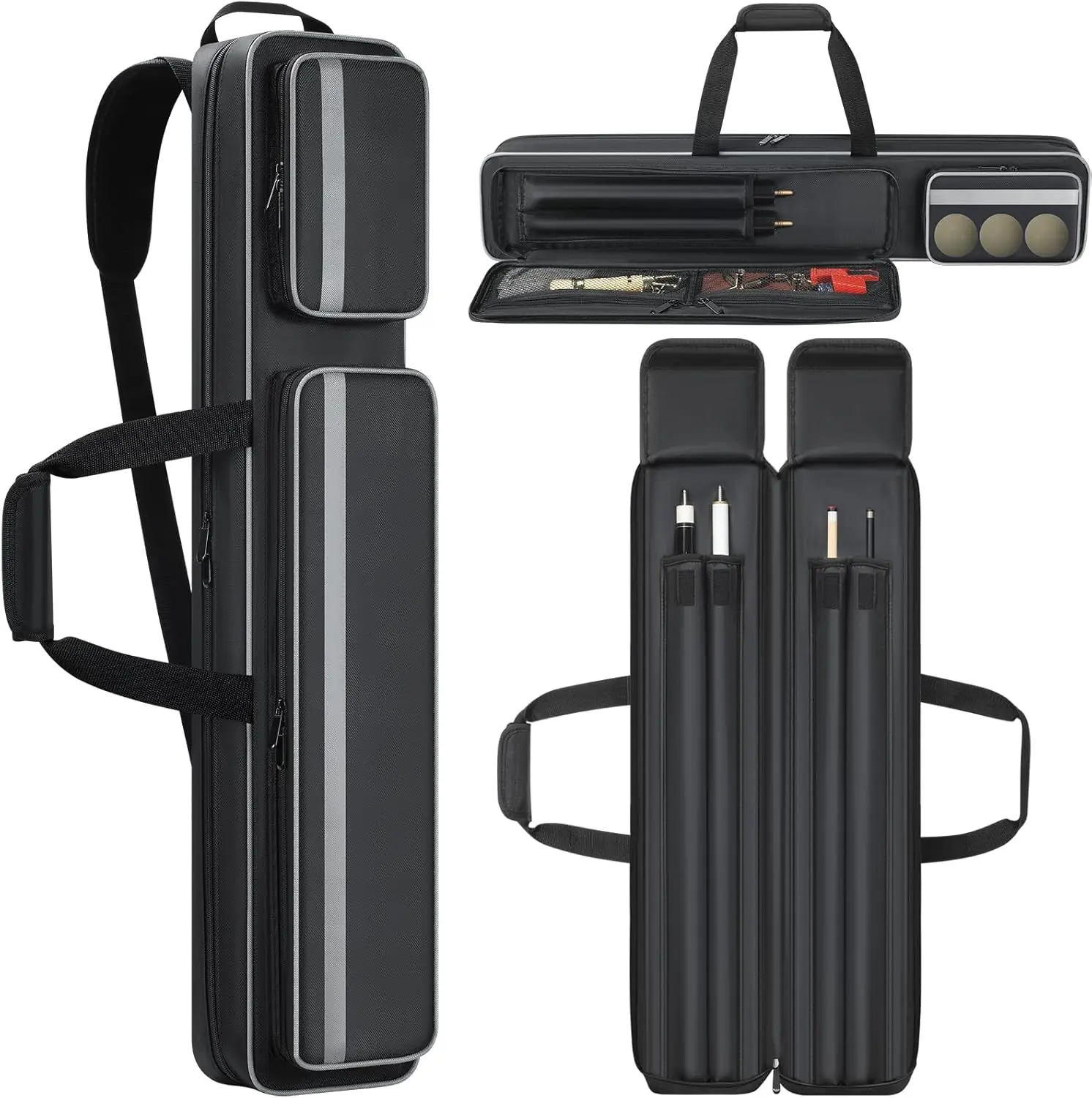 Pool Cue Case Soft 2x2, Pool Stick Bag with Multi-pocket for 2 Butts and 2 Shafts, Billiard Stick Carrying Case with Shoulder Straps & Handle for Pool Cue & Accessories