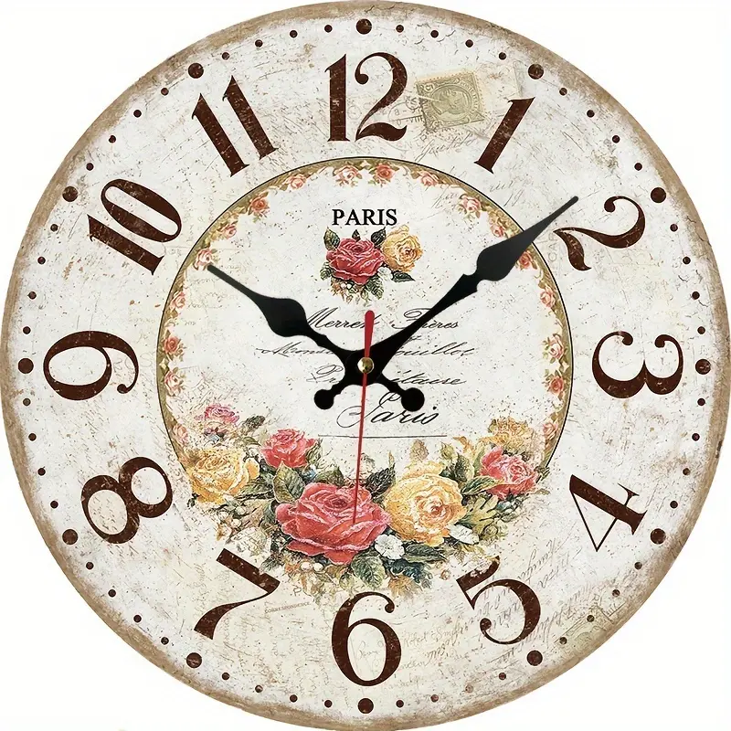 1pc Wooden Wall Clock, Vintage Large Number Silent Round Wall Clock, Rustic Style Floral Clock, Modern Wall-Mounted Home Decor Clock, Suitable for Living Room, Bedroom, Wall Hanging Clock