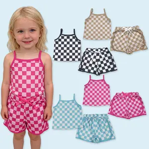 Hot sale kids girls summer checkered outfit Fashion Clothes Set
