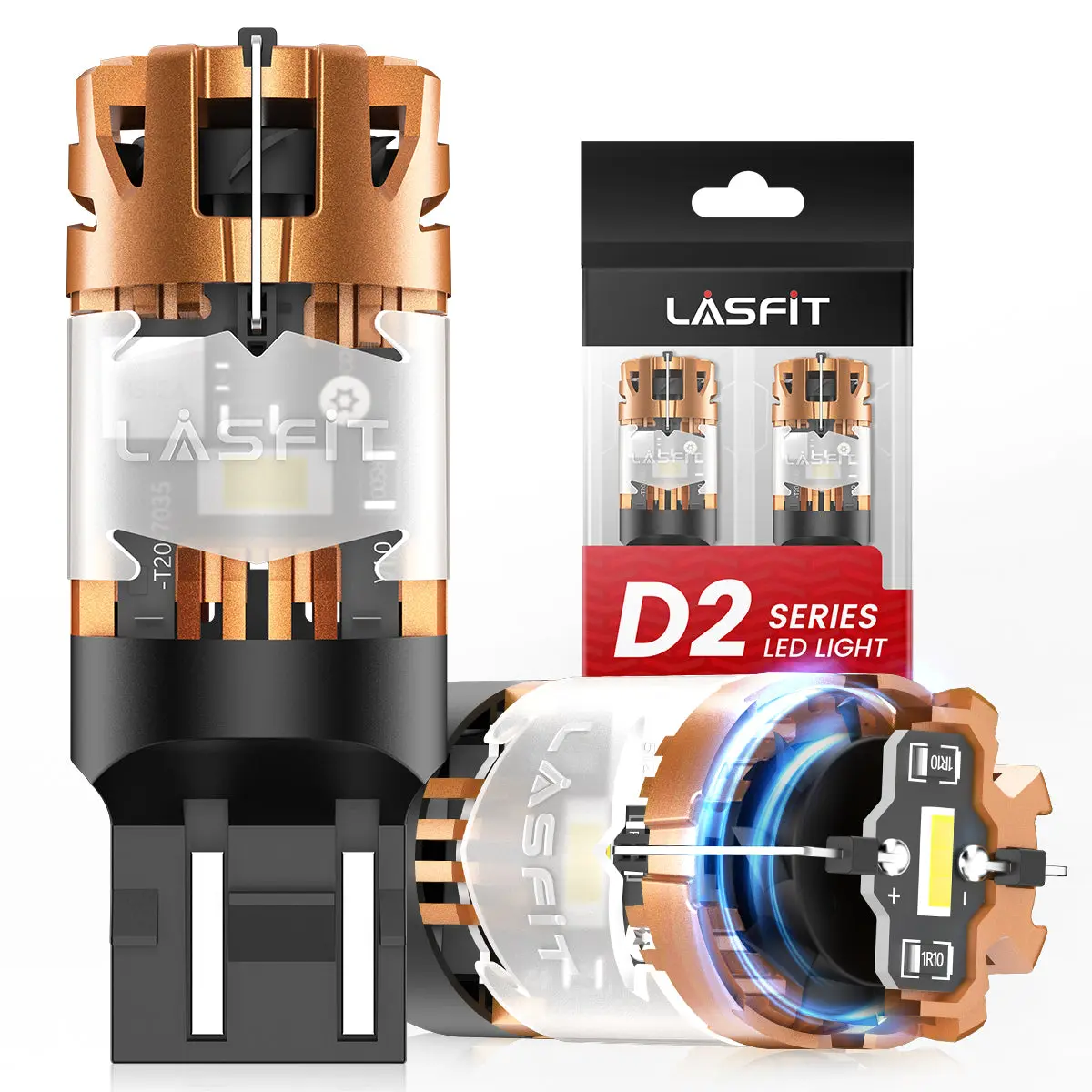 Lasfit D2 Series 7443 CanBus-Ready Reverse Backup LED Bulbs, Aluminum Body, Plug-In Type, Brighter Glow, Halogen-Like Performance