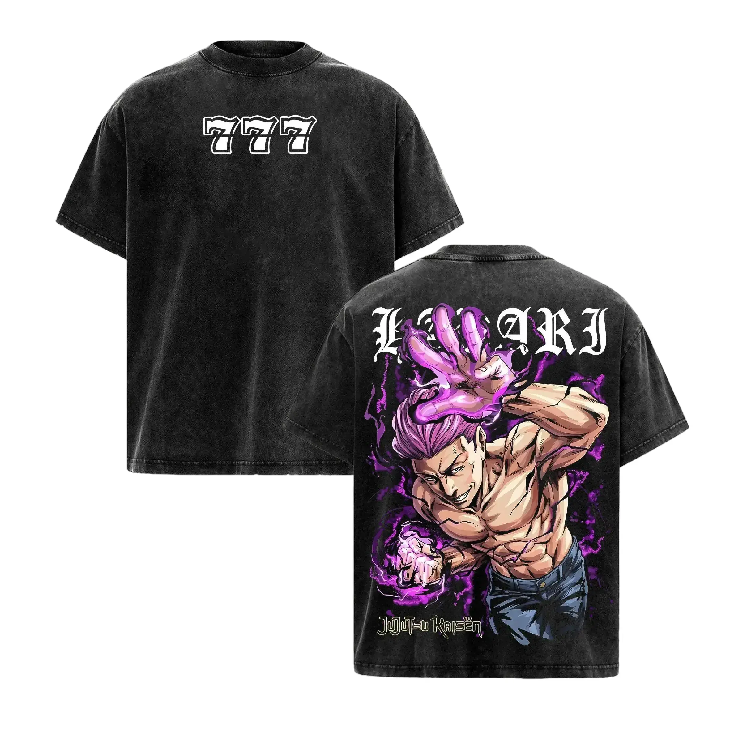 Men's Retro Oversized Ribbed Crew Neck Soft Seamless Heavyweight Cotton Tee - Vintage Washed Short-Sleeve, Jujutsu Kaisen Kinji Hakari 777 Jackpot Print, Lucky Gambler Cursed Energy Streetwear Casual Top