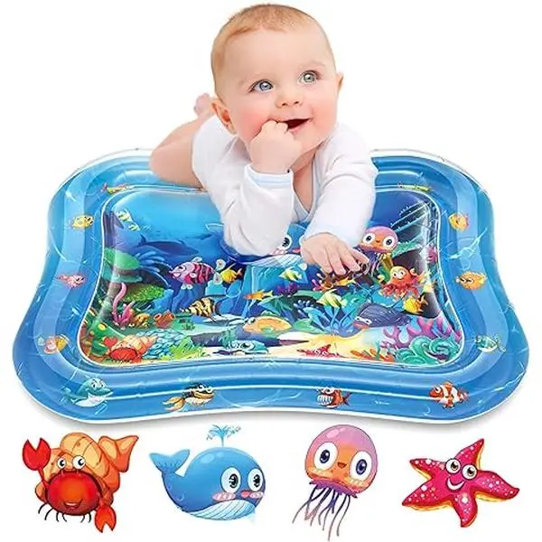 Inflatable Tummy Time Water Play Mat for Infants, Premium Air & Water Fill Design with Colorful Seabed Patterns & Cute Marine Animals, Portable Baby Toy for Sensory Development, Summervibes
