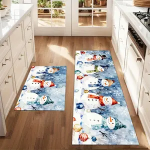2Pcs Christmas And New Year Watercolor Printed Kitchen Floor Mat 5 Christmas Snowman Colored Ball Floor Mats Set Farmhouse Kitchen Carpet Restaurant Floor Laundry Room Decoration Carpet Mat Kitchen Rugs Sets