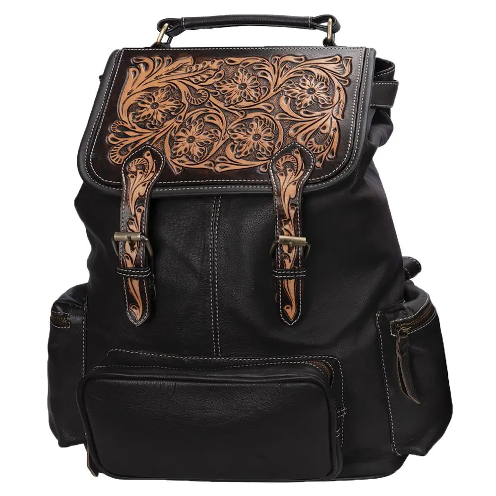 Western Tooled Leather Backpack for Equestrians, Adjustable Multi-Compartment Shoulder Bag for Horse Shows & Everyday Use, Adjustable Backpack, Durable Backpack