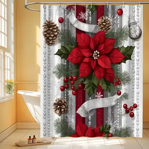 1pc Christmas Shower Curtain Vibrant Red Poinsettias Pine Branches Holly Leaves Pinecones & Berries with Snowflakes Durable Polyester Fabric  Hooks 66x72 Inches Machine Washable Holiday Bathroom Decor Festive Ribbon Design Easy Installation Hooks