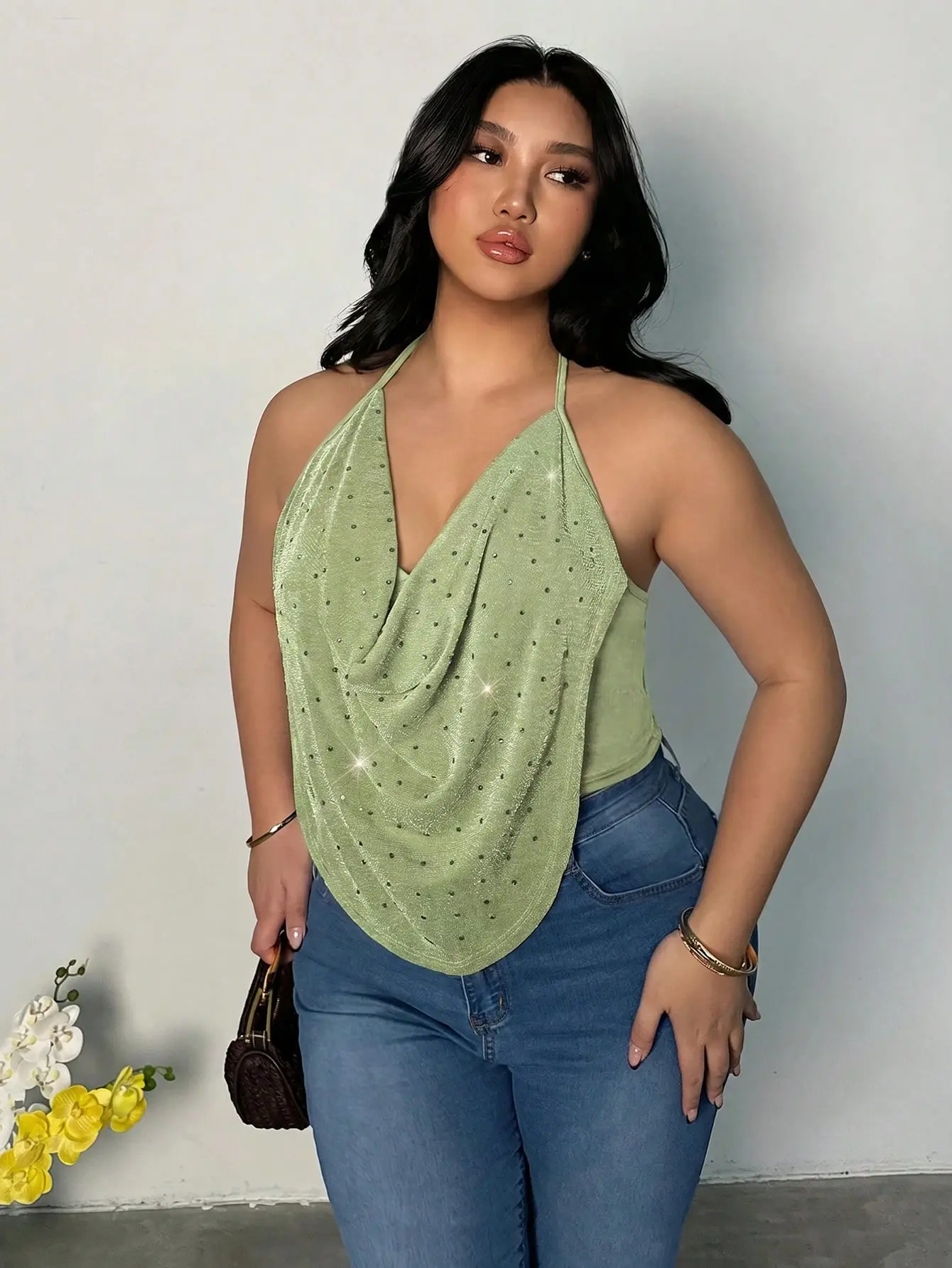 LALUZ Plus Size Women Halter Neck Versatile Casual Top Summer Outfit Beach Vacation Everyday Wear