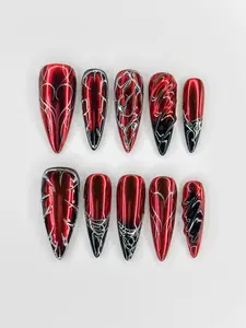 Handcrafted 3D Black & Red Web Press-On Nails, Chrome Star Accents, Leopard Print & Sculpted Gel | Fashion Nail Art Set| Cateyes Nails