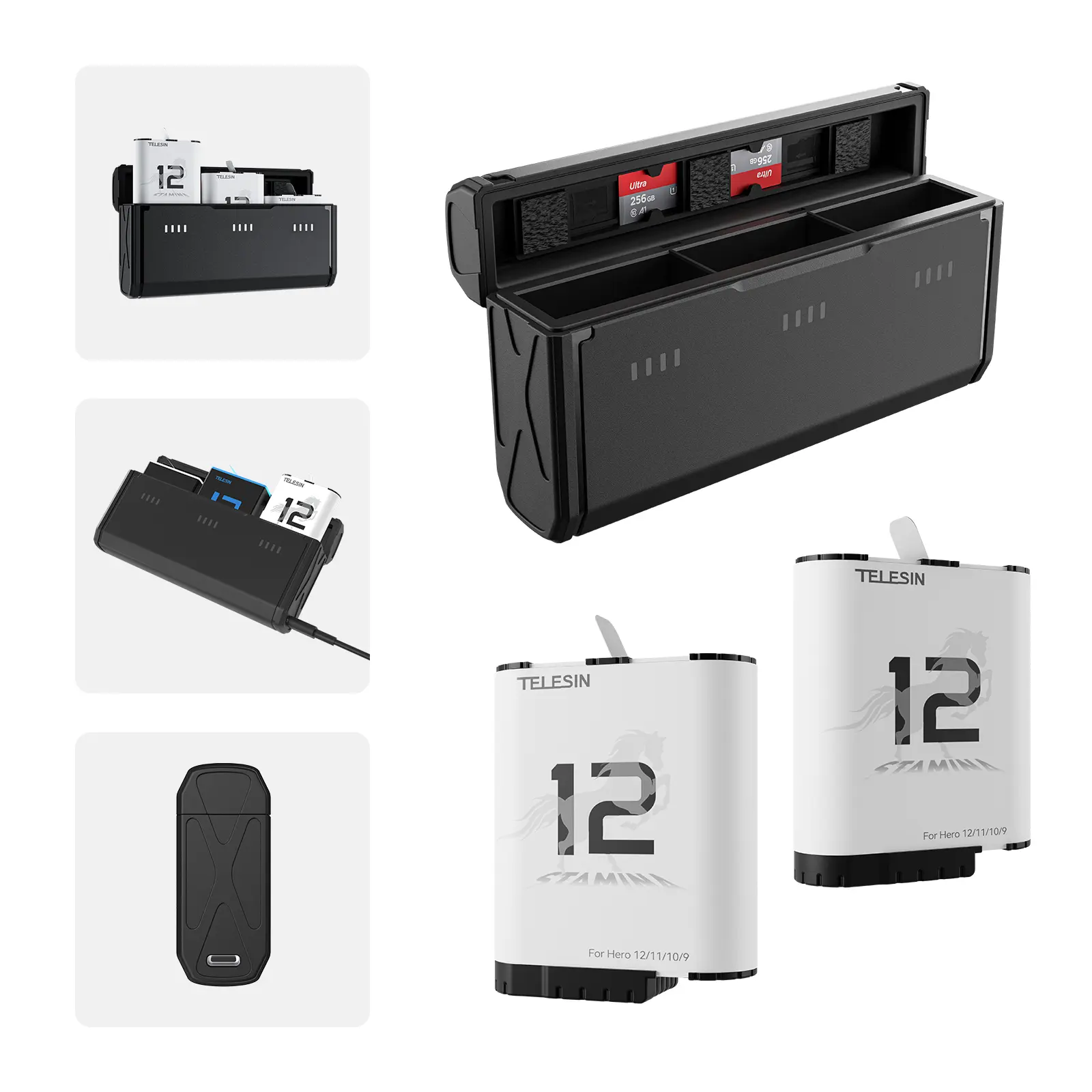 TELESIN 2-Pack Enduro Cam Battery Replacement for GoPro Hero 12/11/10/9, Long-Lasting Batteries with 3-Channel Fast Charging Case, Portable Storage Accessories Kit for Vlogging