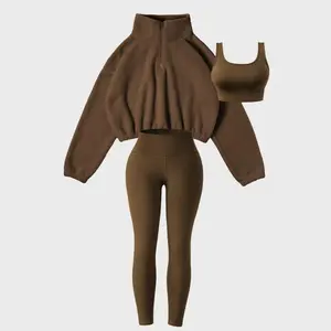3-piece Set Sports Outfit For Women, Soft Knit Fabric, High-Waisted Pants And Sports Bra, Half-Zip Plush Jacket, Fitness Set For Fall & Winter(NO Accessories)