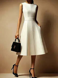 Directional style, urban solid color round neck mid-length elegant sleeveless dress, suitable for business cooperation, daily leisure, vacation