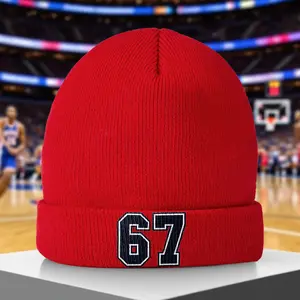 S&T 1 Piece Bold Number 67 Printed Knitted Brimless Hat - Red Black/White Large Dome Hat, Suitable for Men and Women, All-Season Comfortable Unisex Winter Hat, Suitable for Sports Events, Christmas, Halloween, Casual Outfits - Number 67 Design Gift Idea