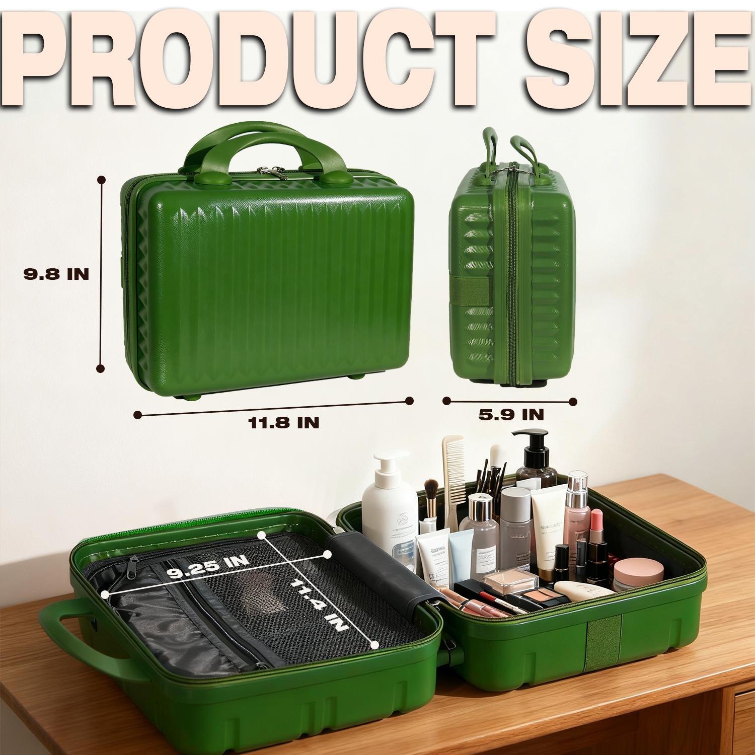 Dark Green Mini Hard Shell Makeup Travel Case, Portable Cosmetic Organizer with Secure Elastic Straps, Heavy-Duty ABS Vanity Bag for Women & Girls