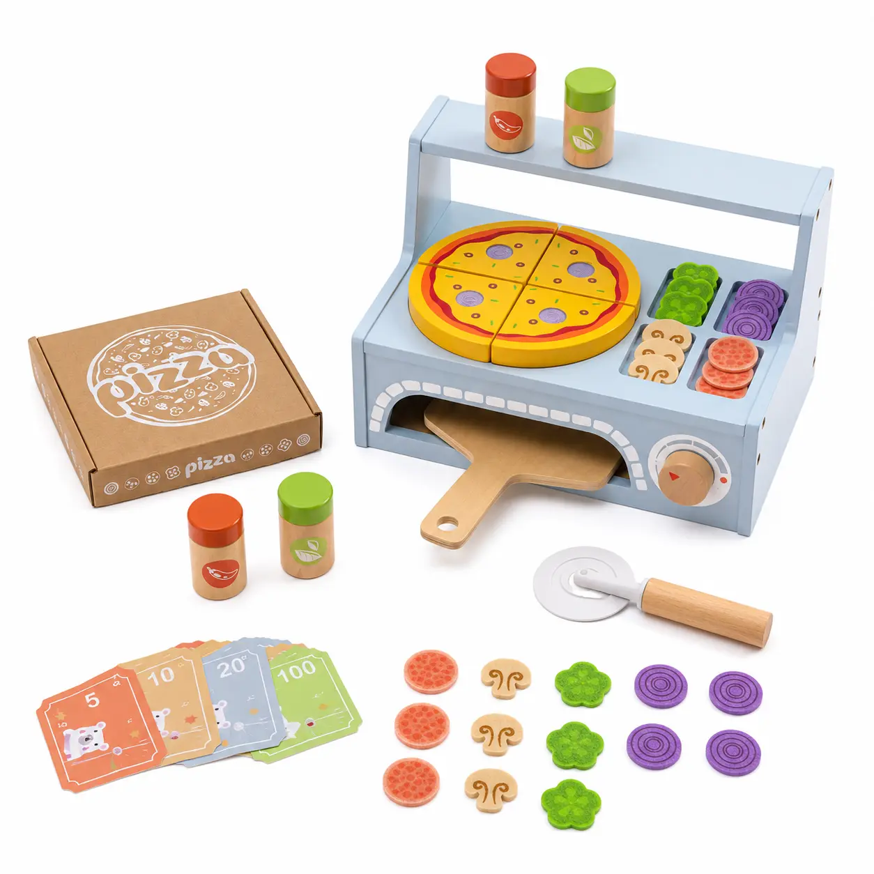 Wooden Pizza Oven Toy for Kids – Pretend Play Pizza Making Set with Toppings, Play Food & Kitchen Accessories