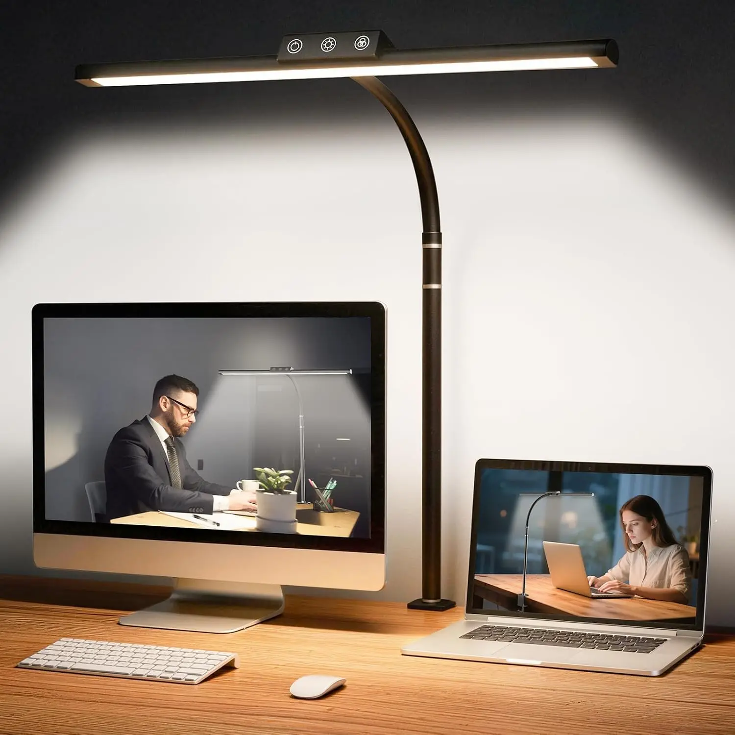 LED Desk Lamp for Office Home, Stepless Dimming Architect Desk Light With USB Power, Eye-Caring Desk Lamp with Clamp, 25 Lighting Modes Adjustable 12.8in Flexible Gooseneck for Workbench (Black)