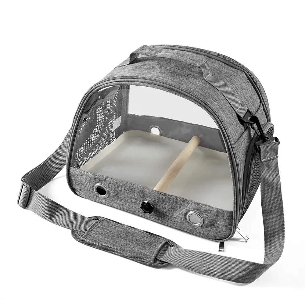 Portable Bird Carrier Backpack for Parrots, Travel Bird Cage with Clear Window, Breathable Mesh Panels, Removable Tray, Wooden Perch and Adjustable Shoulder Strap for Small Birds
