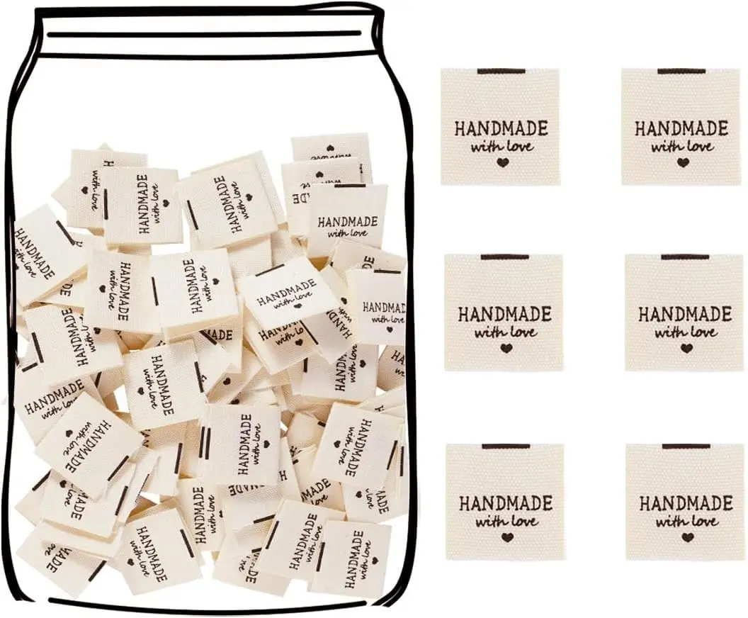 100pcs Sewing Labels for Handmade Items, Durable Fabric Woven Tags with Handmade with Love Text, Sewing Labels for Crochet, Knitting, Sewing Projects and DIY Crafts Gift