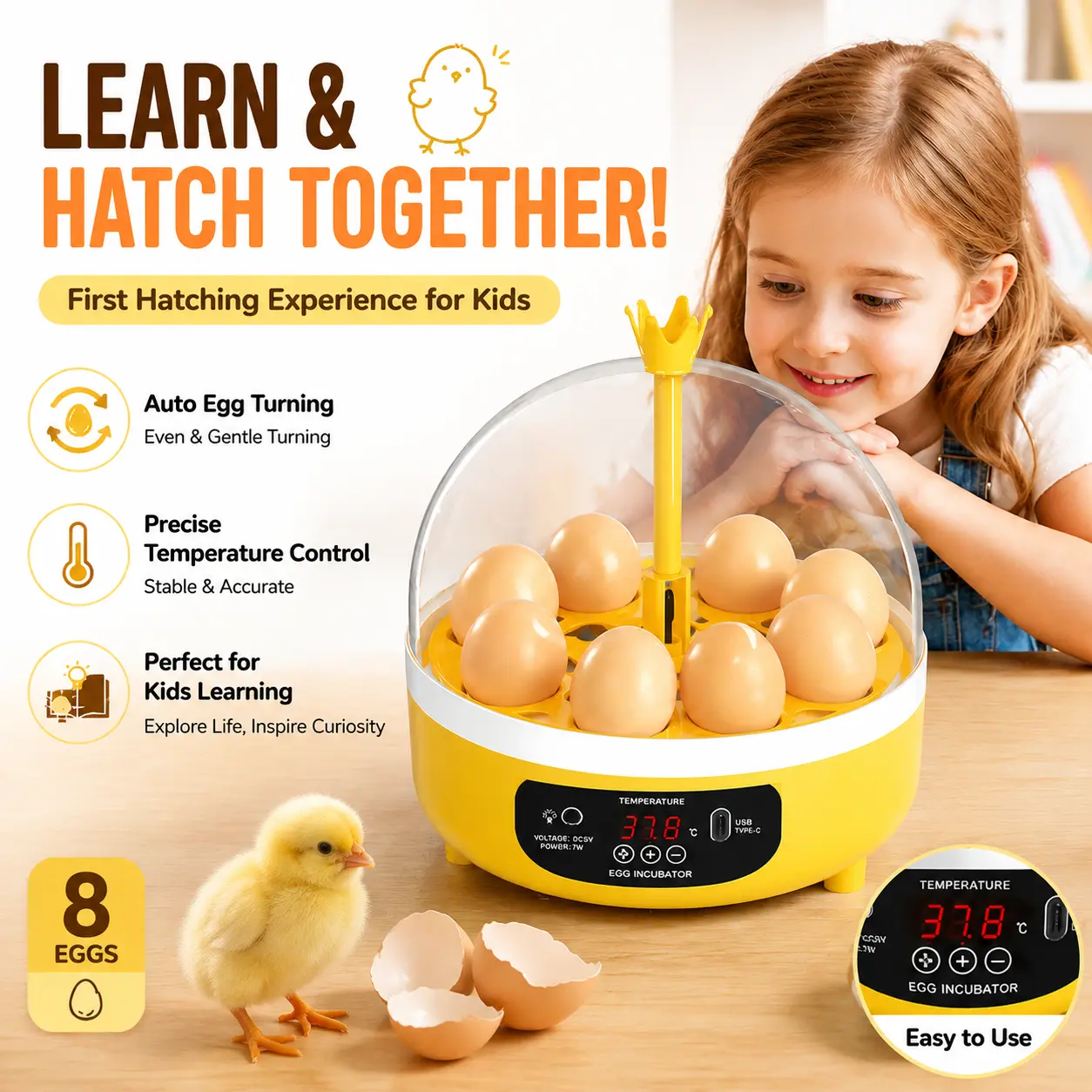 8-Egg Mini Poultry Incubator for Kids - Automatic Turner, Smart Temperature Control, Quiet Hatching Machine for Chicken, Quail & Pigeon Eggs