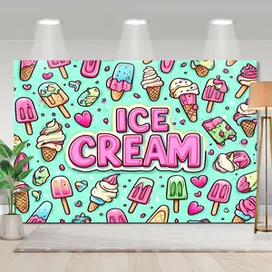 Vibrant Ice Cream Shop Background, Durable and Polyester, Colorful Ice Cream and Sprinkle Design for Indoor/outdoor Party Decor