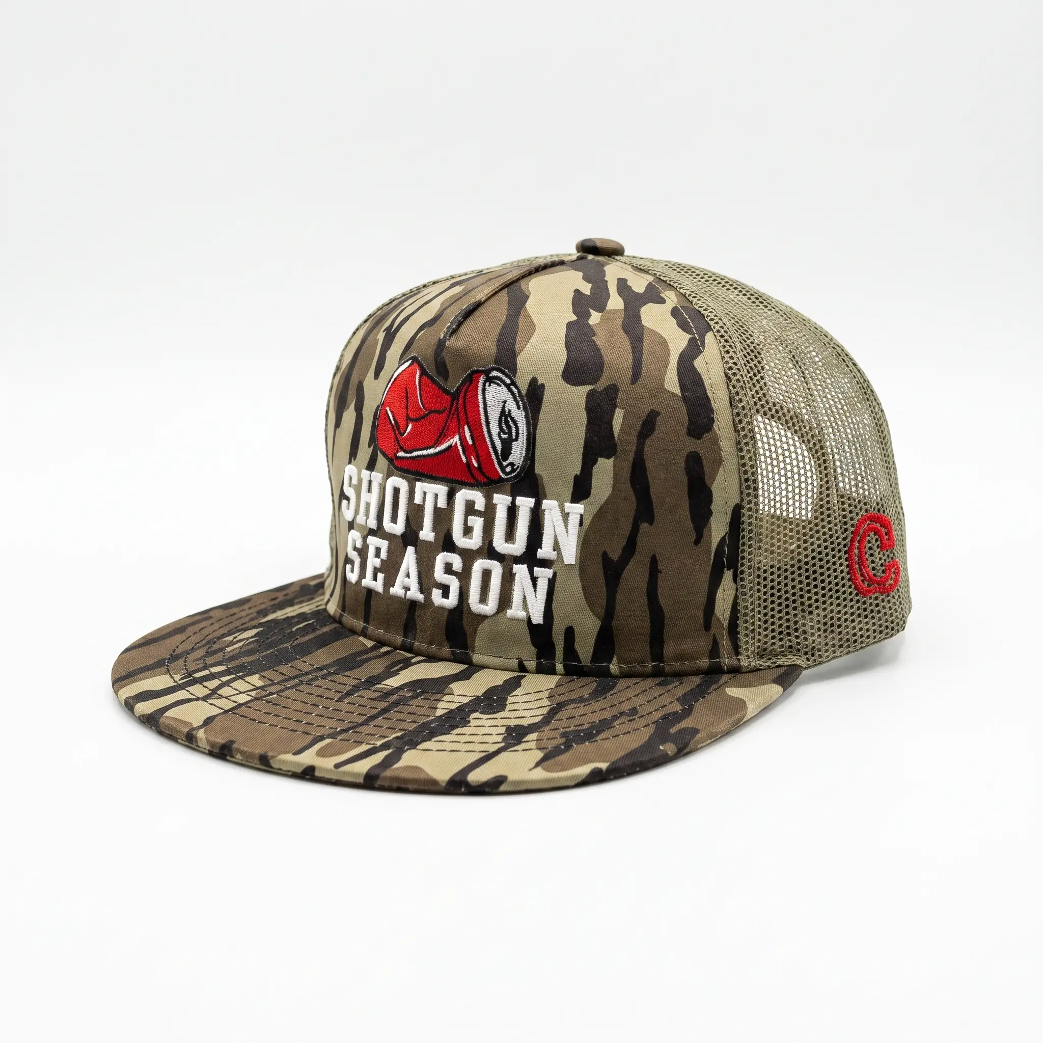 Embroidered Shotgun Season Trucker Hat with Camo Brim, Adjustable Mesh Snapback for Men & Women for Hunting & Daily Wear, Pickleball, Baseball, Camping Weekends, Cap Couture Co