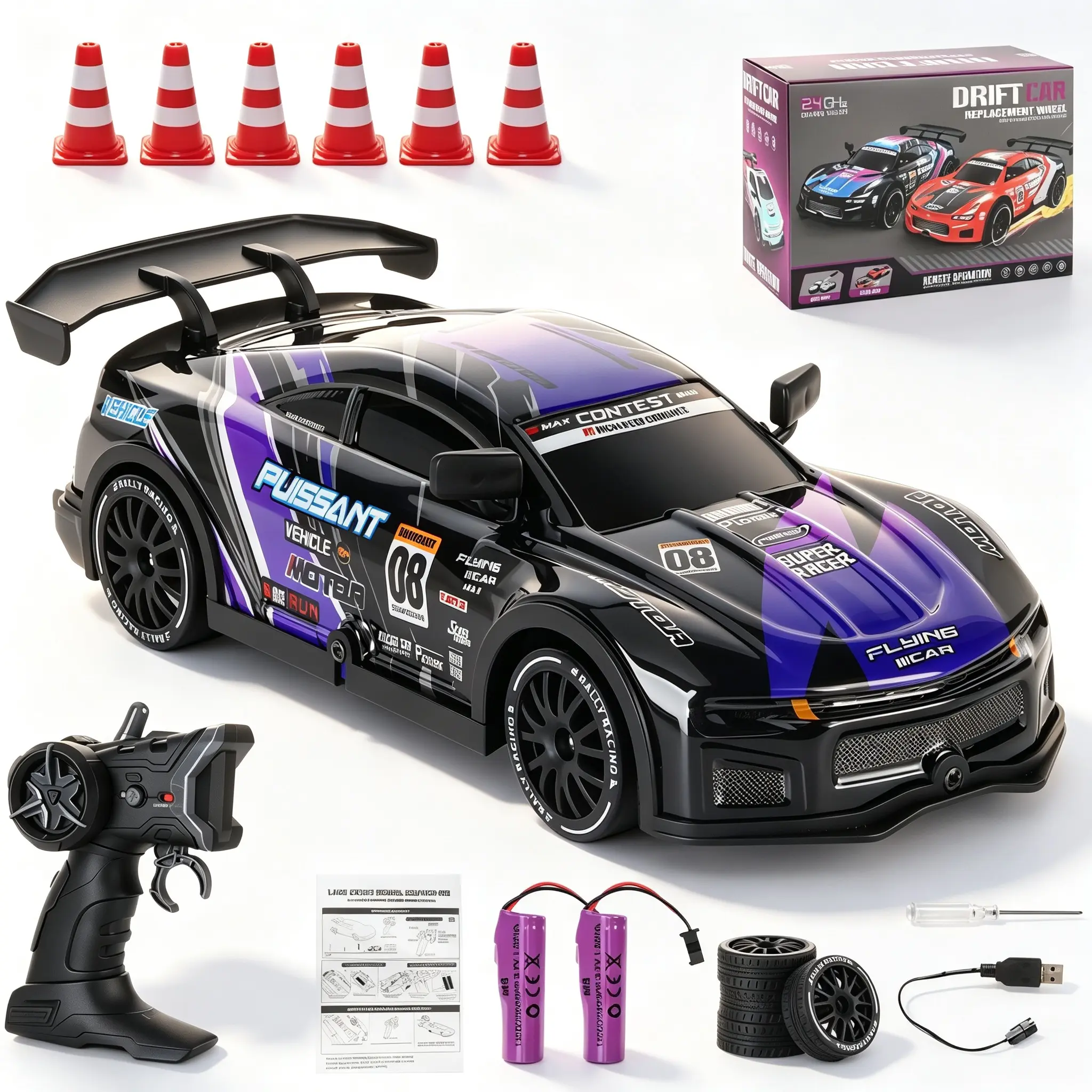 2.4GHz Remote Control Race Car Toy - High-Speed RC Drifting Vehicle with LED Lights, Rechargeable, Extra Tires & Traffic Cones, Hobby Gift for Kids Ages 6+ (Purple)