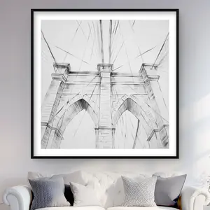 Begin Home Decor C1FM4848UE7MCR 48 x 48 in. Brooklyn Bridge Sketch - Framed Matted Print Wall Art - Home Decor