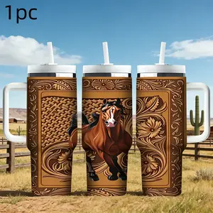 1pc, 40oz/33oz/30oz/17oz Stainless Steel Cup Embossed Horse and Floral Double Wall Vacuum Insulated Cup, Leakproof Lid & Carry Handle Travel Mug Tumbler for Outdoor Camping Hiking, Gift for Dad, Mom