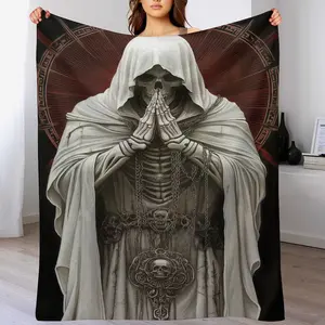 Santa Muerte Flannel Blanket Dead Skull in Prayer Flannel Blanket, Day of the Dead Art Print Pattern,Soft Cozy Lightweight Warm,Suitablefor Halloween Decor,Home Decor,Living Room,Bedroom,Sofa,Travel,Perfect Gift for Birthday,Anniversary