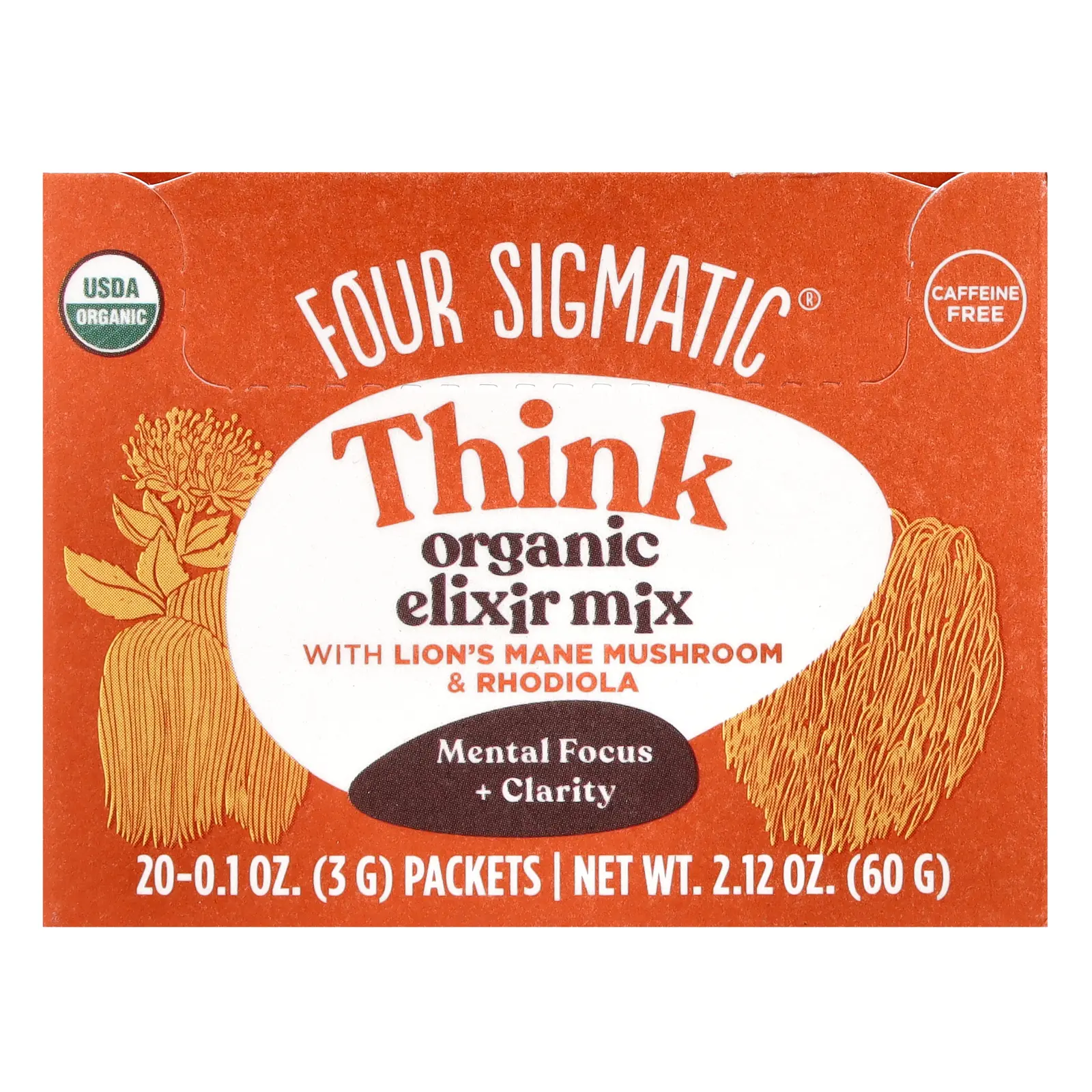 Four Sigmatic Think, Organic Elixir Mix With Lion's Mane Mushroom & Rhodiola, Caffeine Free, 20 Packets, 0.1 oz (3 g) Each