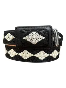 Size 36 Black Western Style Embroidered Leather Belt Cinto Vaquero Negro Bordado de Piel