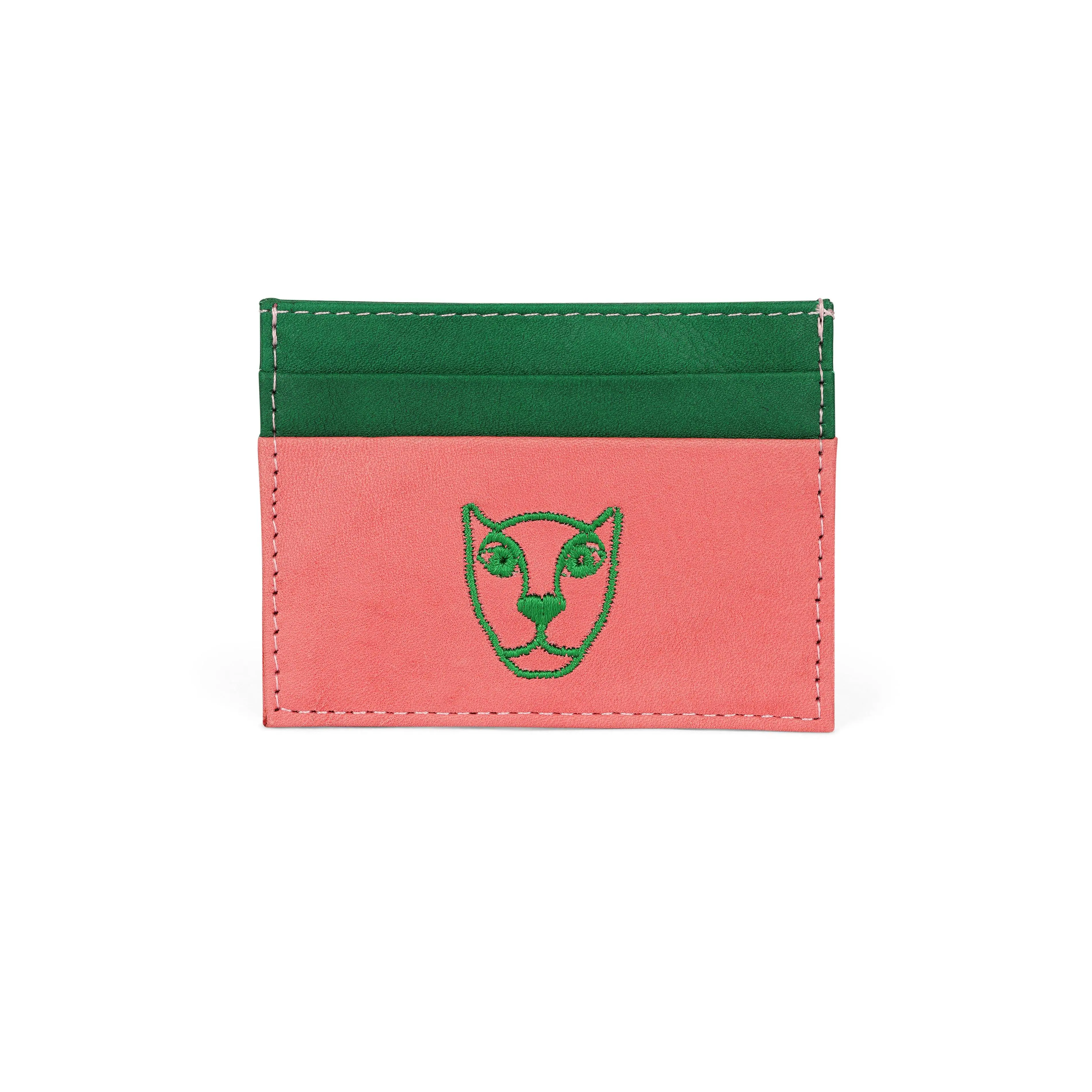 Jaguar Leather Card Holder Wallet Pink + Green