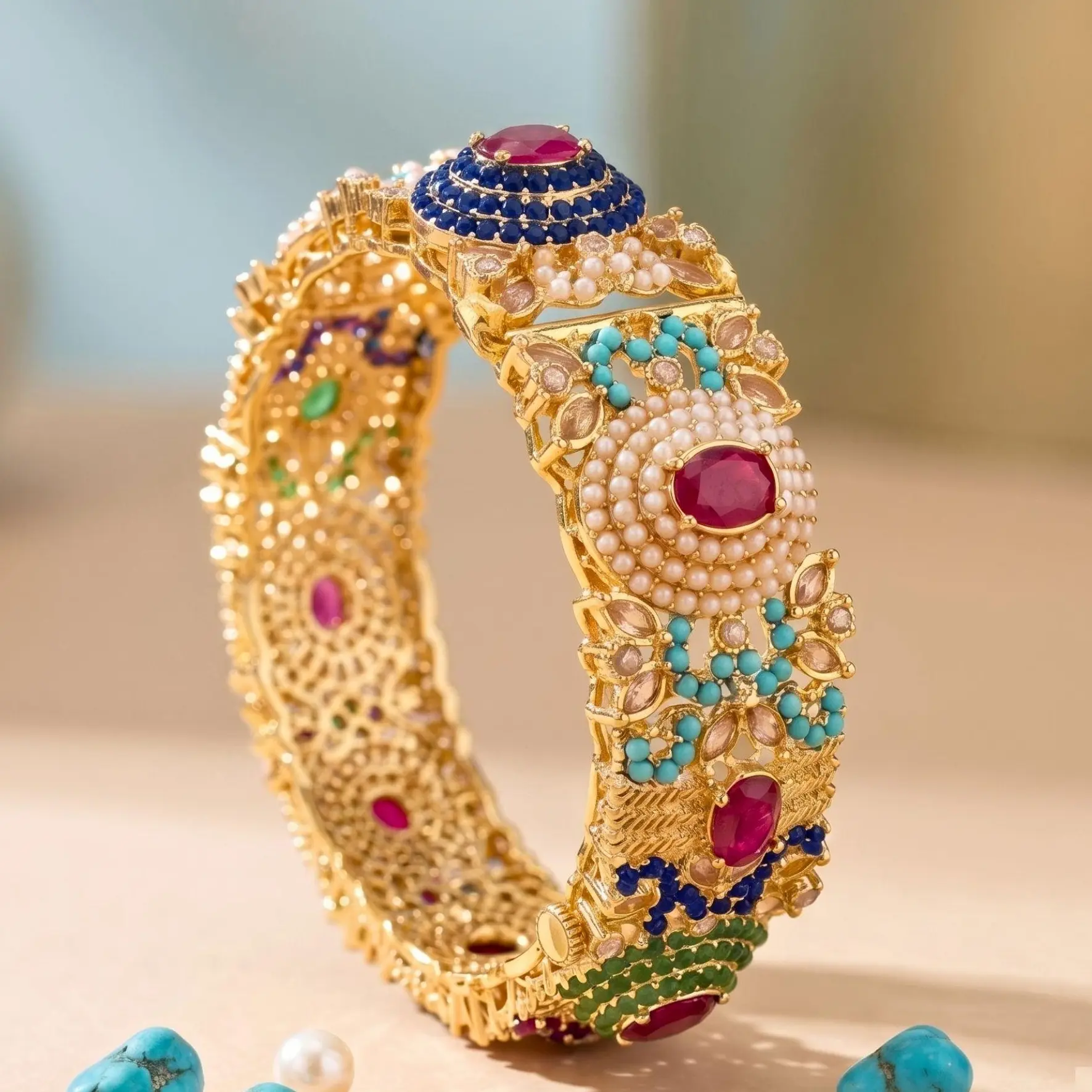 Nauratan Single Openable Bangle, Pakistani Jewelry for bridal & bridesmaid gift - Size , 2.6, 2.8, 2.10