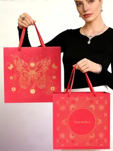 Amalee Gift 13.5x13.5x4.5 Inch Red Gift Bag with Handles, Includes 2 Wrapping Paper Sheets & 1 Greeting Card, Ideal for Birthday, Wedding, Christmas Gifts