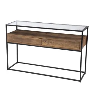 360 Stand 48 in. Rectangular Glass-Metal Industrial Look Console Table with Storage Drawers, Black Frame Base