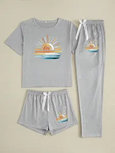Colorful Sunset Print Three-Piece Pajama Set for Women, Casual Loose-Fitting Sleepwear, All-Season Comfortable Nightgown Set