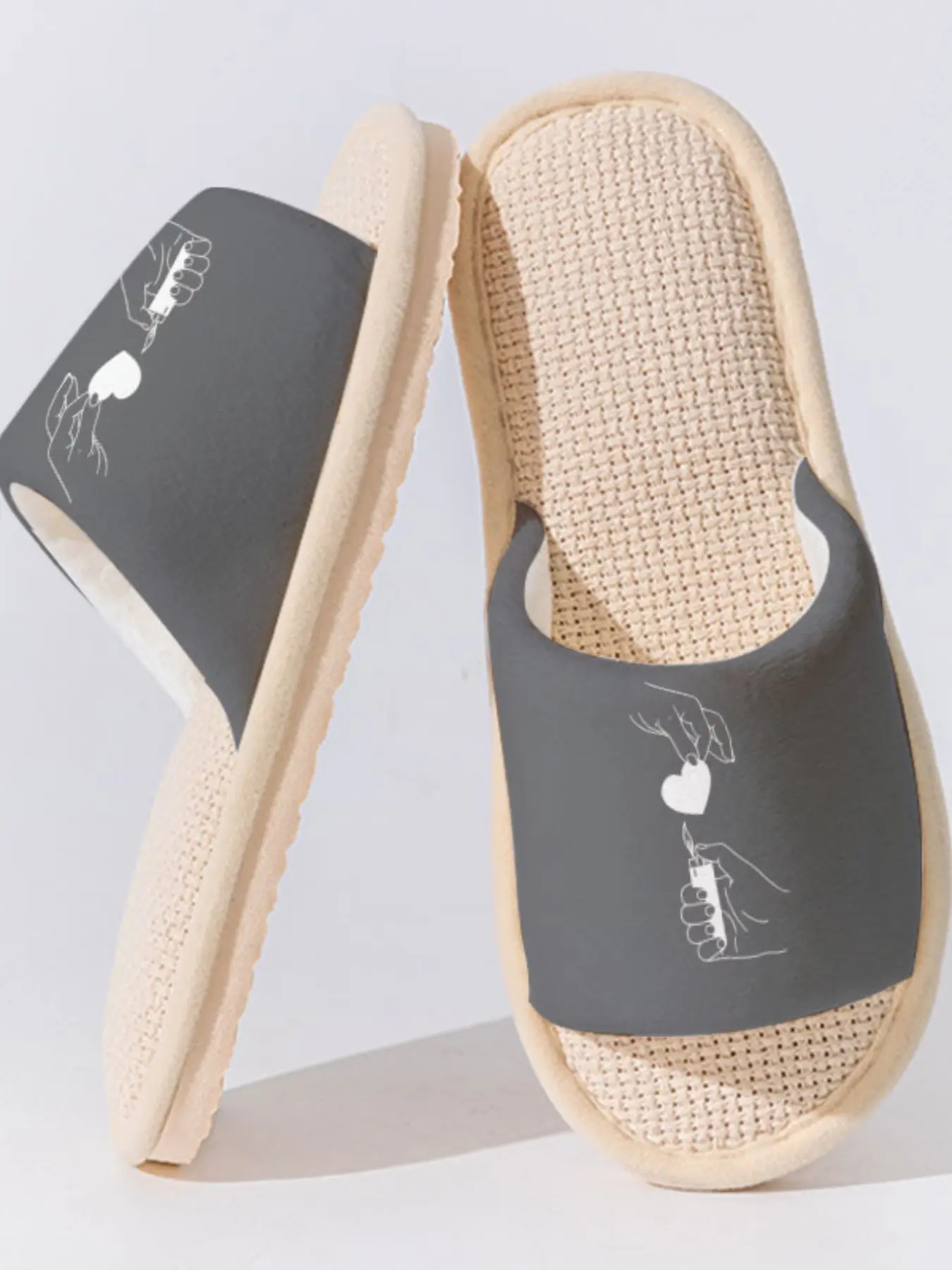 Breathable Linen Slippers Set, Minimalist Cartoon Design, Non-Slip Sole, Casual Home Wear, All Seasons, Less Than Ankle Height