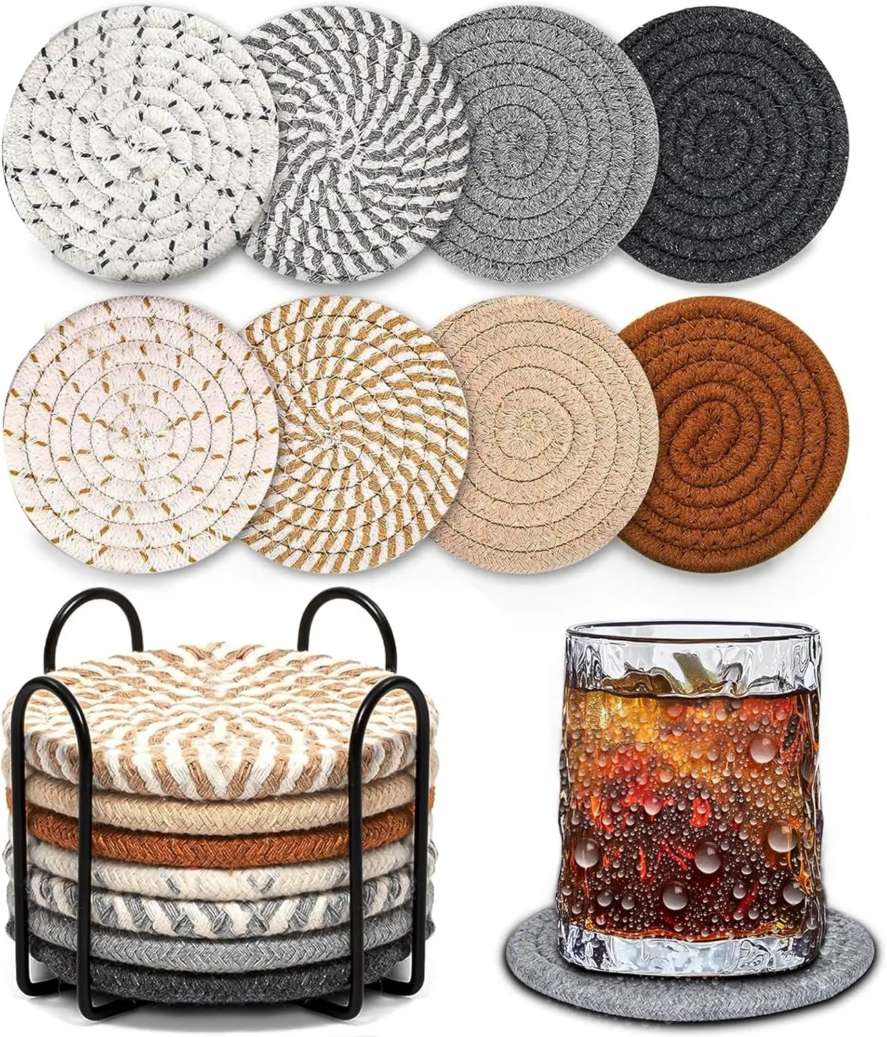 Woven Coasters Set of 8, Absorbent Drink Coasters with Holder, Boho Cotton Coffee Cup Coaster for Table, Desk, Coffee Bar, Housewarming  (8 Colors,4.17 Inch)