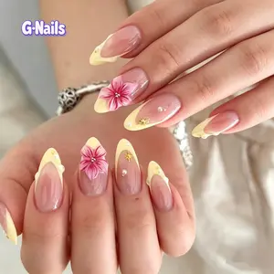 G Nails B03 Spring Yellow 3D Floral 10pcs Handmade Press On Nails with Glue & Tool Kit for Everyday Spring Manicure Women Pinknails Almondnails Reusablenails Springnails