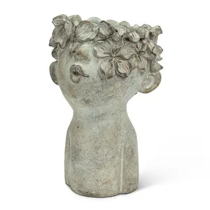 212 MAIN Abbott Collections 10 in. Grey Cement Kissing Face Garden Planter - Large Size, Outdoor Use, Rich Texture, Whimsical Design