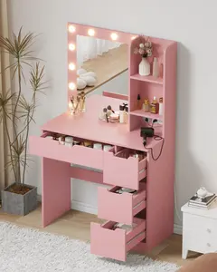 Garvee Vanity Desk with LED Lighted Mirror & Power Outlet with 3 Color Modes & Adjustable Brightness, 4 Drawers & Storage Shelves, for Makeup VanityBedroom, Bathroom, Pink