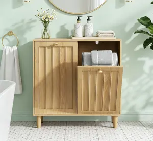 Angled Laundry Basket with Removable Inner Bins Hidden Storage Cabinet for Bathroom Oak Color Freestanding Household Rack Sturdy Durable MDF Construction