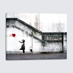 Qesonoo Art Banksy Grafitti Girl with Red Balloon Canvas Prints Wall Art Grey Love Pictures Paintings for Living Room Bedroom Home Decorations Modern Stretched and Framed Inspirational Giclee Artwork