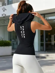 Women's Sporty Hooded Sweatshirt, Yoga Running Fitness Tight Sleeveless Top, Casual Mesh V-Neck Pullover, Athletic Wear