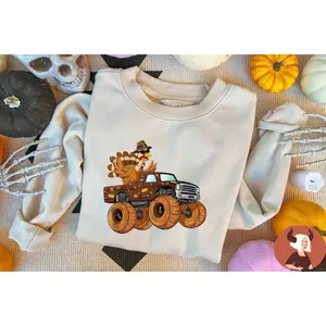 Turkey Riding Monster Truck Sweatshirt,Boys Thanksgiving Shirt,Fall Gift For Kids,Funny Turkey Day Sweater,Kids Autumn Gift,Thankful Hoodie