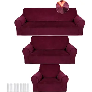 3 count Slipcover Set for Couch Furniture Covers for Sofa Loveseat Couch Arm Chair, Form Fit Stretch, Wrinkle Free, Furniture Protector(Burgundy,)