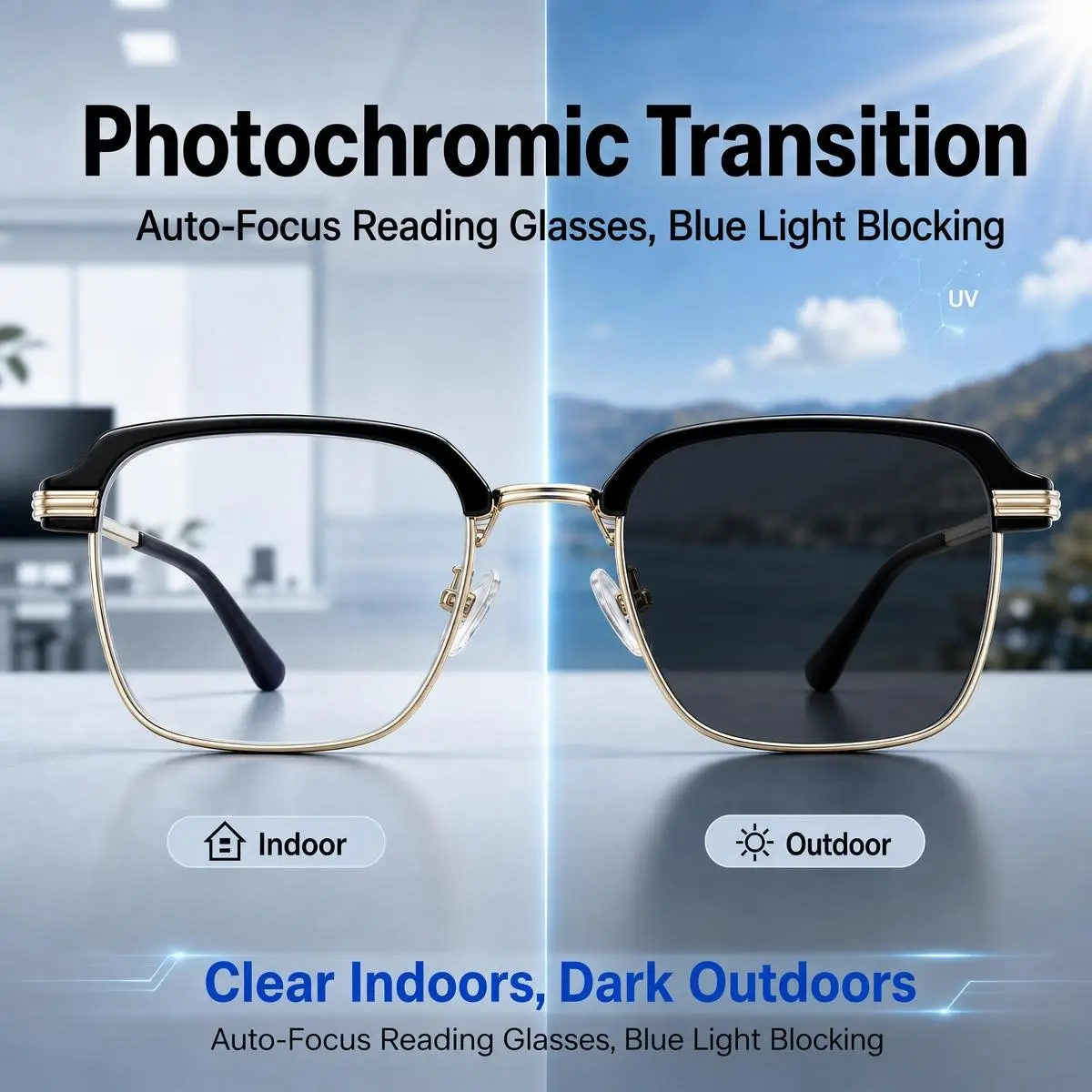 Smart Auto Focus Photochromic Reading Glasses for Men Women. Blue Light Blocking UV400 Protection Transition Readers, Progressive Multifocal Sunlight Auto Darkening Lens Clear Far Near Vision. Anti Glare Eyeglasses with Protective Case. Gifts for Mom Dad