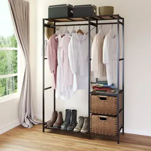 [SOIYELIFE] Acacia Wood Garment Racks with Shelves 2 Wicker Drawers and 4 Hooks Heavy Duty Closet Organizer for Hanging Clothes, Freestanding Closet Wardrobe Rack, Vintage Brown Cool furniture
