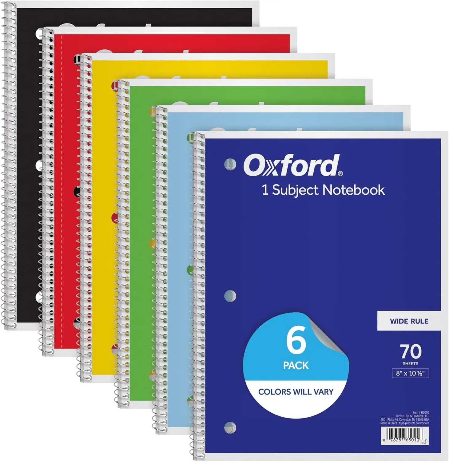Oxford Spiral Notebook, 6 Pack, 1 Subject, Wide Ruled Paper, Notebooks for School, 8 x 10.5 Inches, 70 Sheets, Assorted Colors, Back to School Supplies (65010)