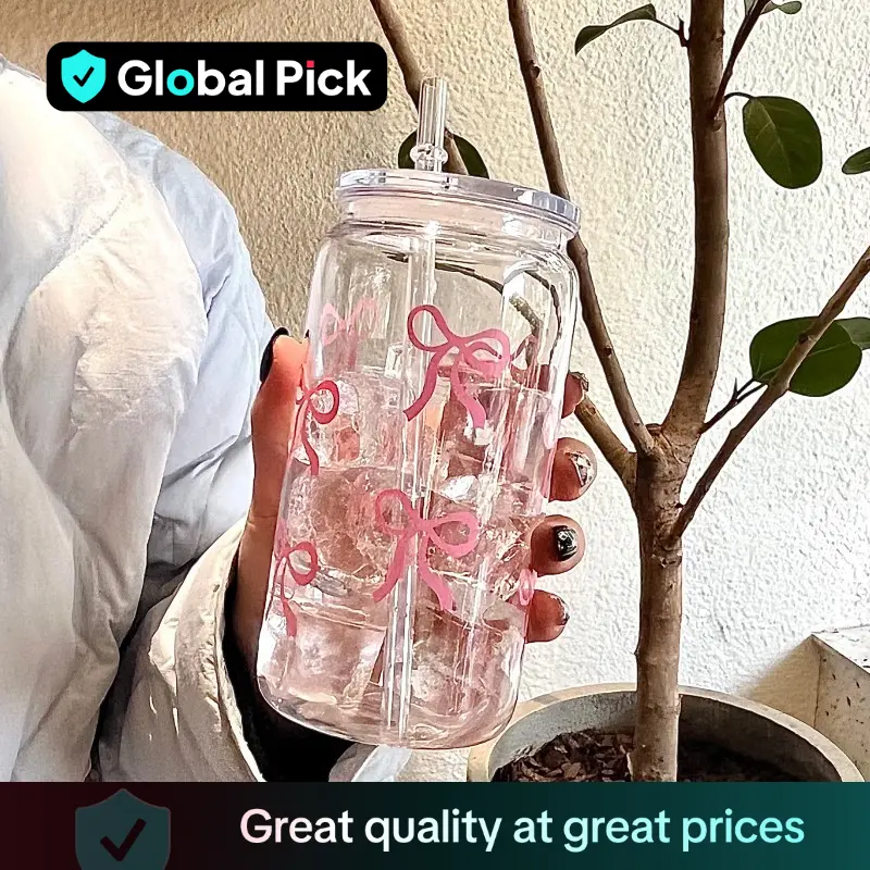 Bow Pattern Water Bottle, 1 Count Water Cup with Lid & Straw, Drinking Cup for Tea, Juice, Milk, Drinkware for Office, Restaurant, Classroom, Picnic,