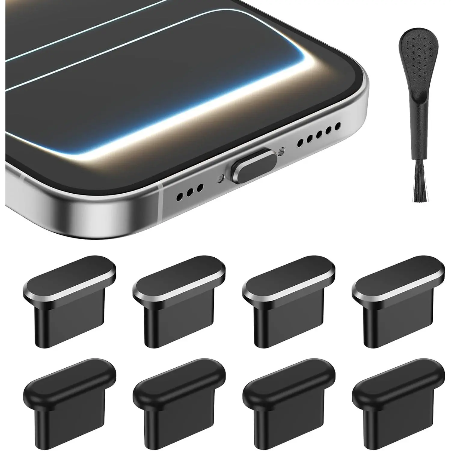 USB C Dust Plug, 4Pcs Aluminum+4Pcs Silicone Type C Dust Plug, USB C Plug Cover for iPhone 17 16 15 Series, Samsung Galaxy, Type C Charging Port Protector Cap with Cleaning Bush (Black)