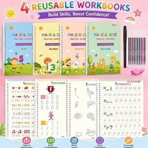 Magic Practice Copybook, Reusable Writing Magic Book, Grooved Handwriting Workbooks for Preschool Kids Age 3-8 ​Calligraphy (4 Books with Pens)